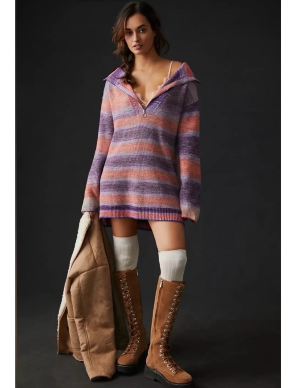Anthropologie Daily Practice Half Zip Tunic Sweater Dress Size Small Purple Pink